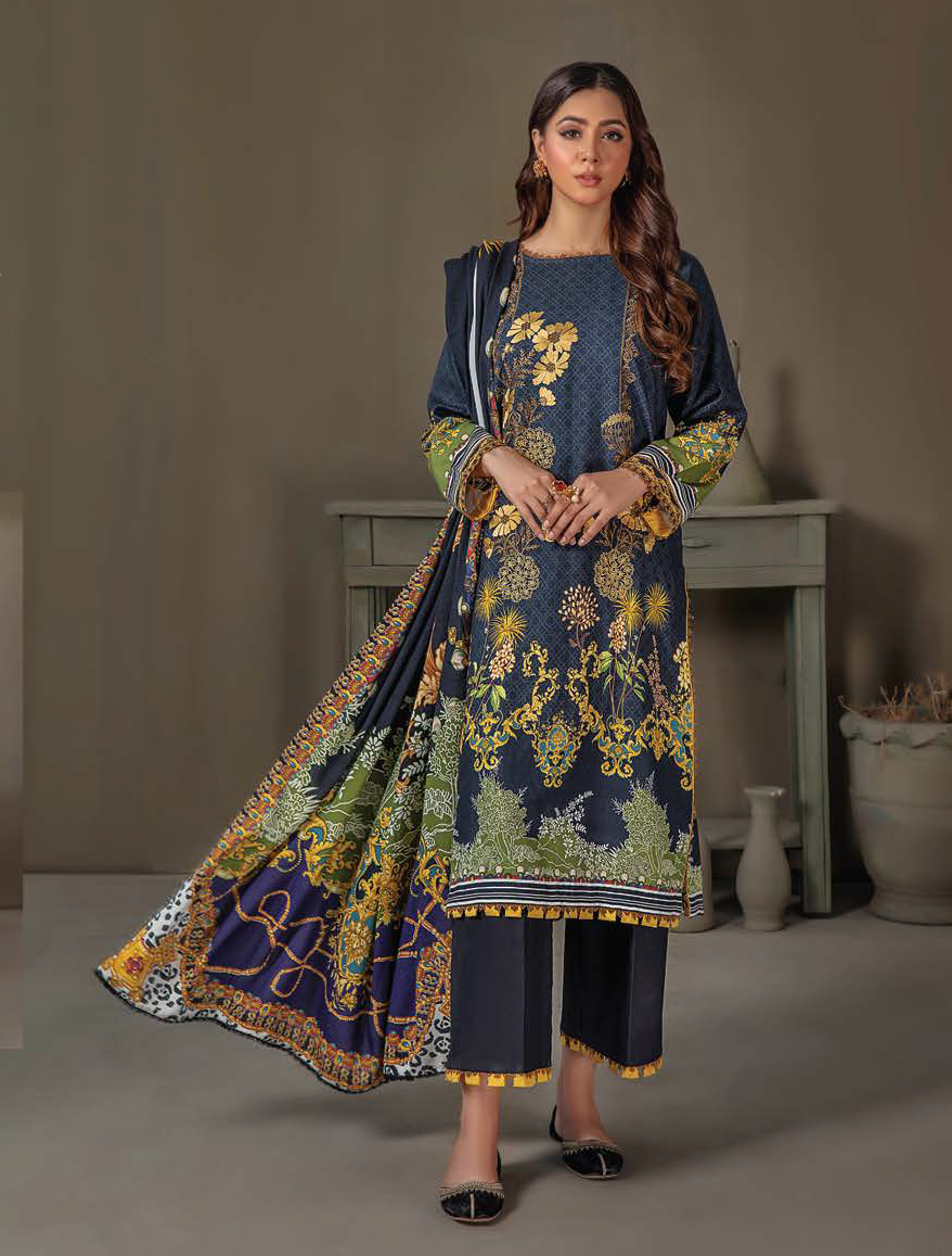 LALA Textiles Sana & Samia Embroidered Woolen 3Pc Suit D-01 Blue Nova