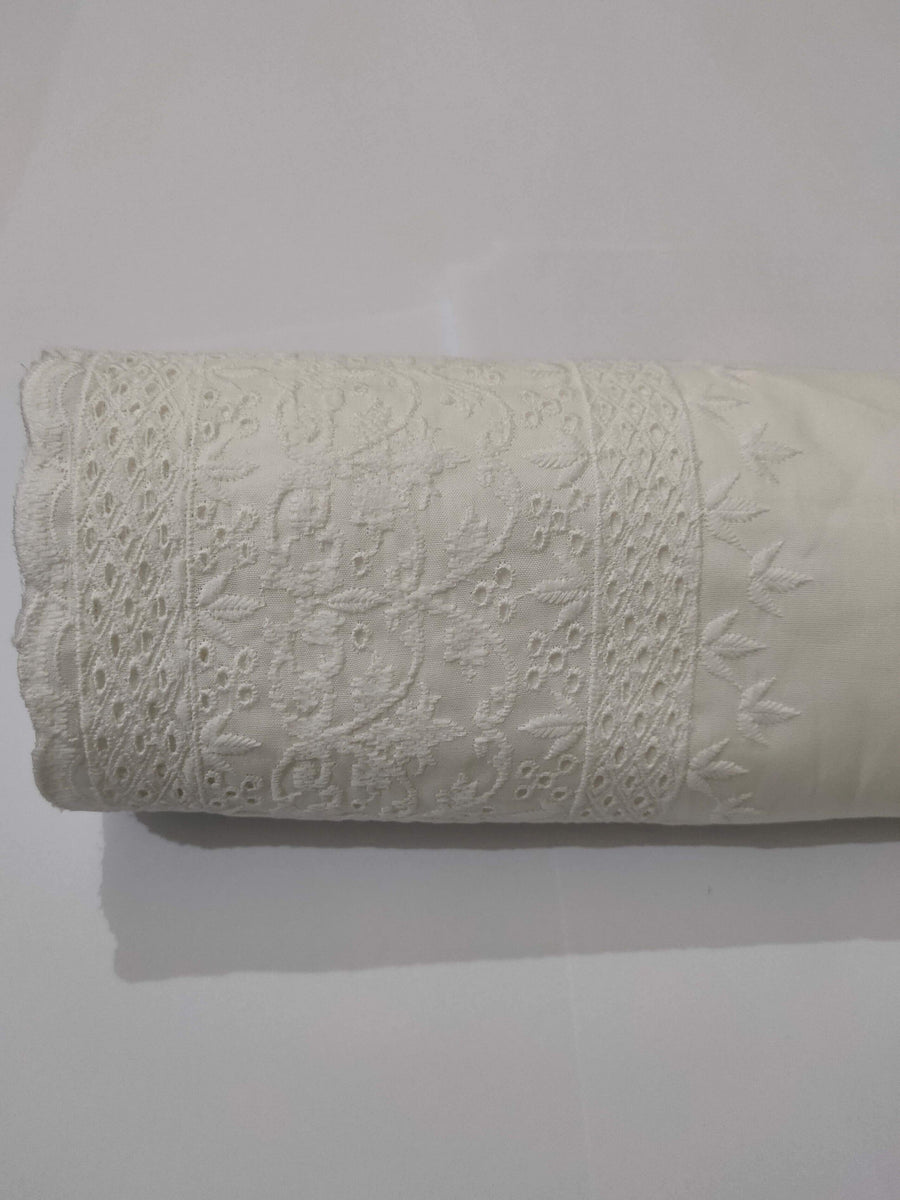 Unstitched Cotton Chikankari Embroidered Trouser Fabric Egg White TR-03 - FaisalFabrics.pk