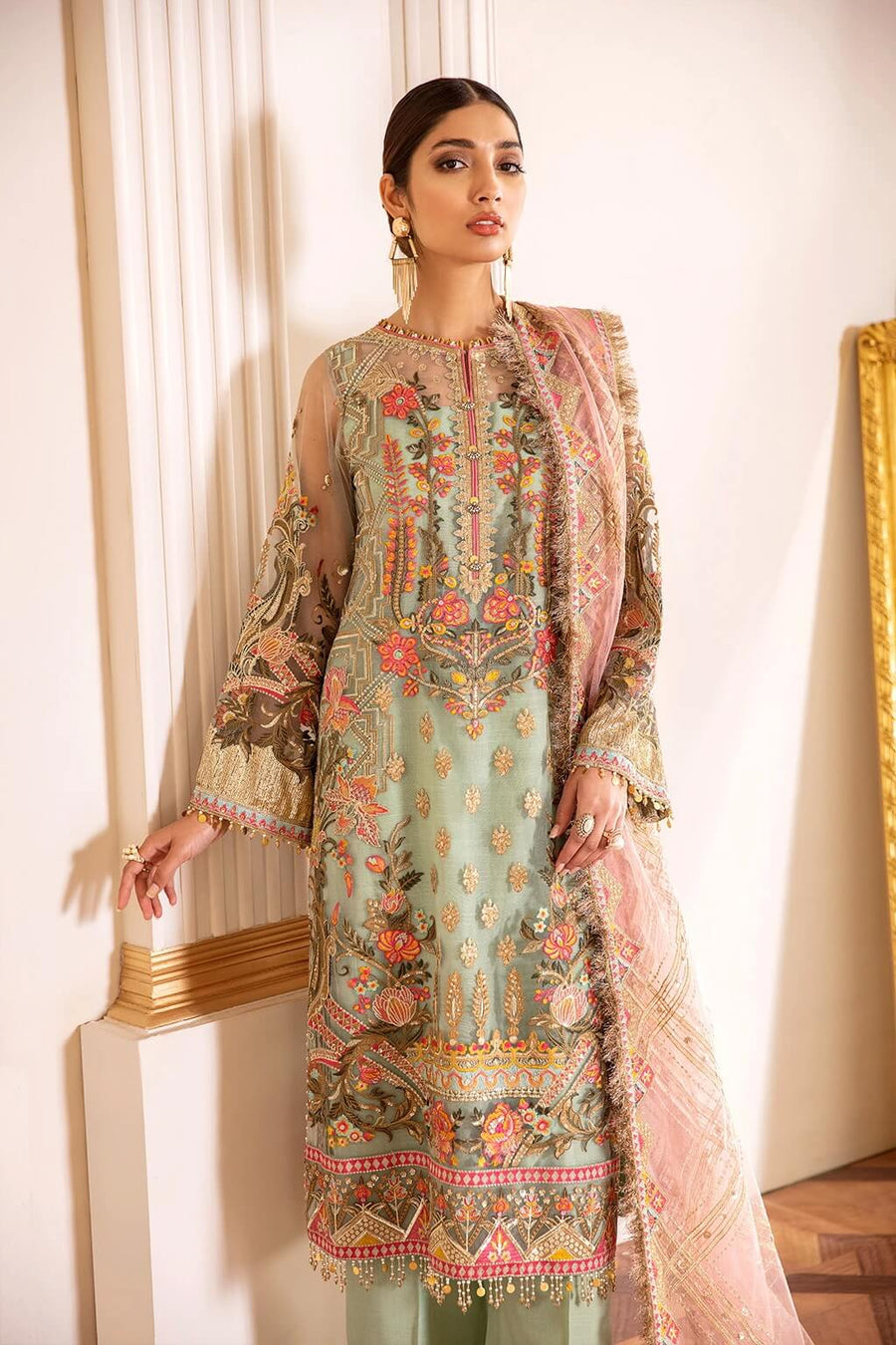 Baroque Chantelle Embroidered Chiffon 2020 3 Piece Suit D-01 Capri Sea - FaisalFabrics.pk