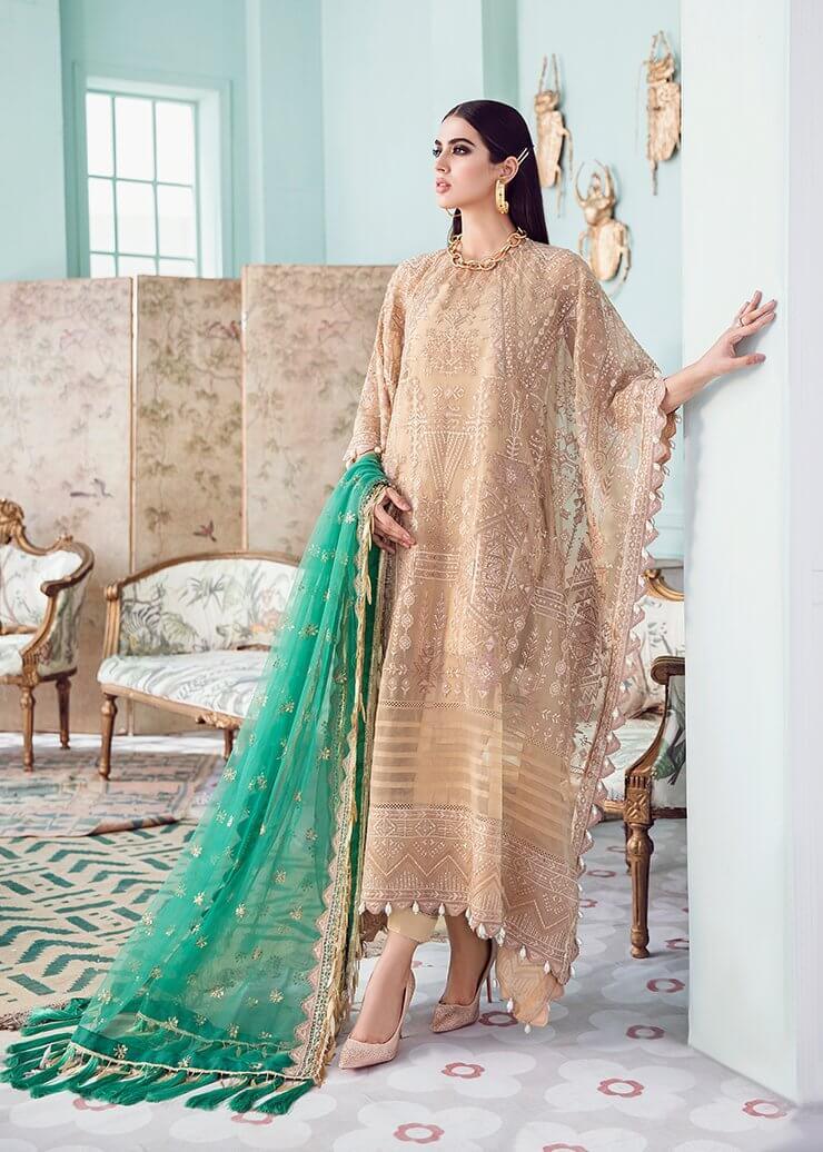 Afrozeh La Fuchsia Luxury Chiffon Unstitched 3 Piece Suit D-02 Candle Light - FaisalFabrics.pk