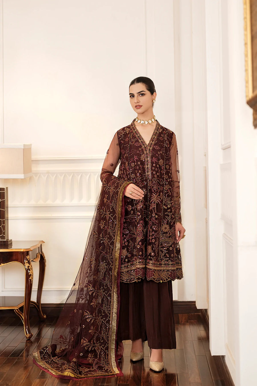 FARASHA Lueur Unstitched Embroidered Luxury Net Suit 01-CELINE