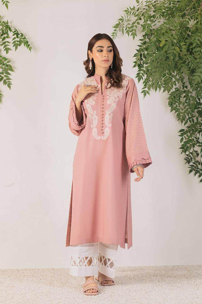Nuriyaa Winter Tale Embroidered Pret Slub Khaddar 1pc Shirt - CORAL - FaisalFabrics.pk
