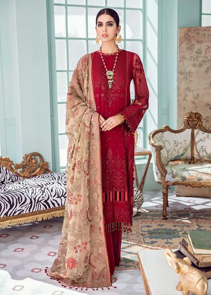 Afrozeh La Fuchsia Luxury Chiffon Unstitched 3 Piece Suit D-04 Coral Mist - FaisalFabrics.pk