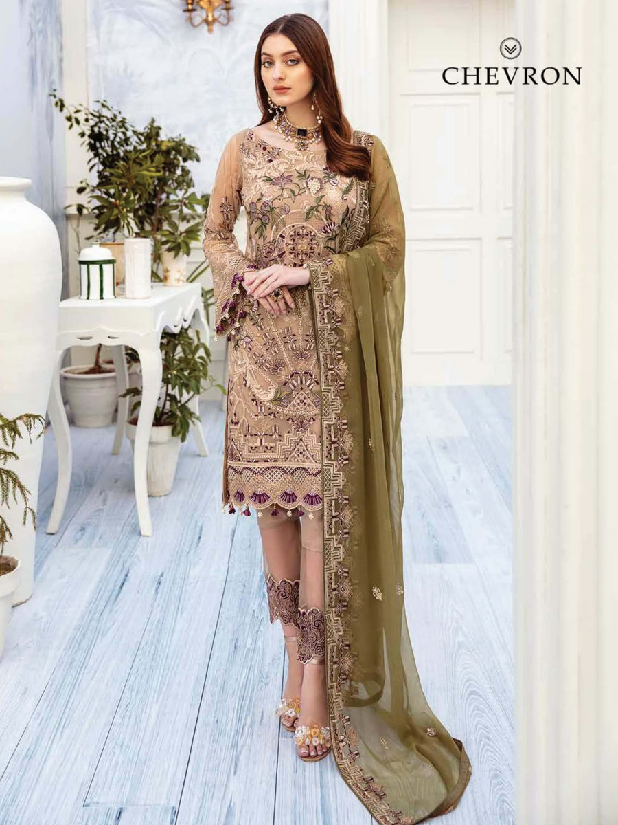 Ramsha Chevron Luxury Chiffon Vol-2 Embroidered 3Pc Suit A-202 - FaisalFabrics.pk