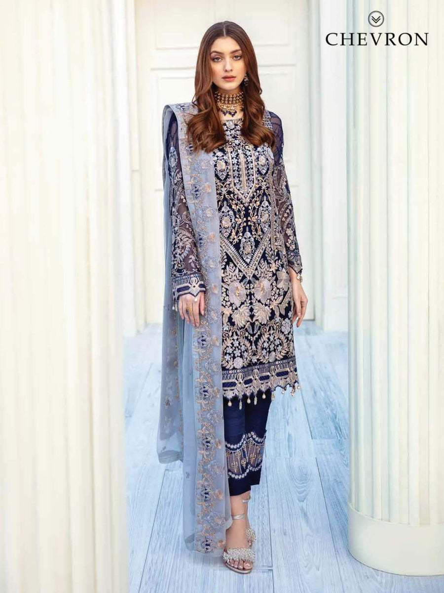 Ramsha Chevron Luxury Chiffon Vol-2 Embroidered 3Pc Suit A-203 - FaisalFabrics.pk