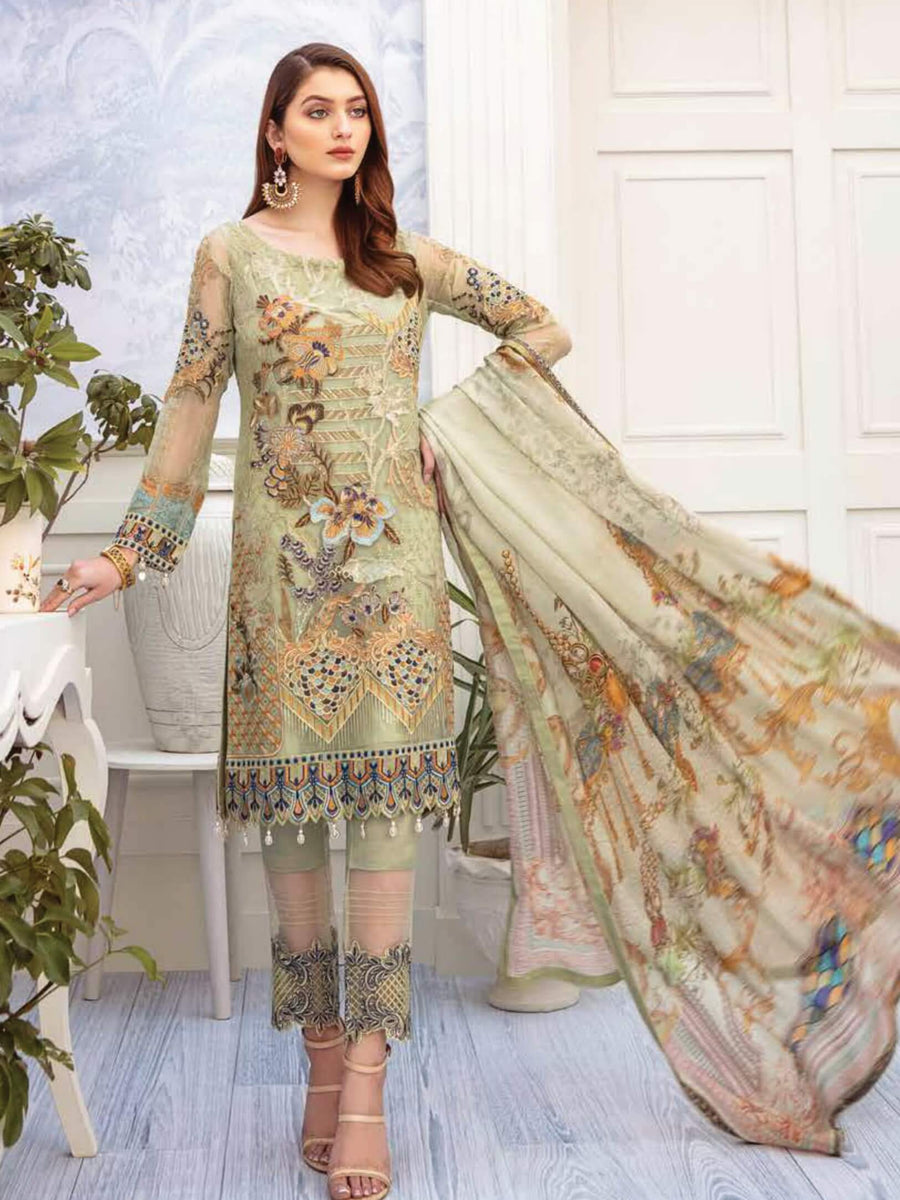 Ramsha Chevron Luxury Chiffon Vol-2 Embroidered 3Pc Suit A-204 - FaisalFabrics.pk