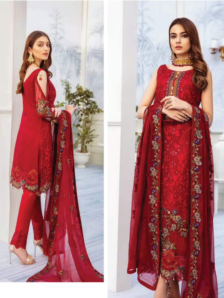 Ramsha Chevron Luxury Chiffon Vol-2 Embroidered 3Pc Suit A-205 - FaisalFabrics.pk