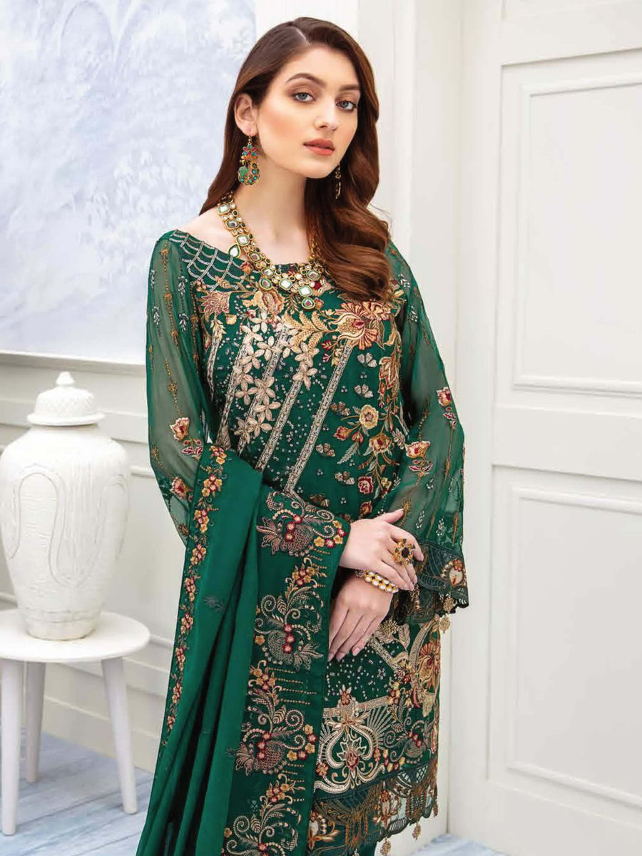 Ramsha Chevron Luxury Chiffon Vol-2 Embroidered 3Pc Suit A-207 - FaisalFabrics.pk