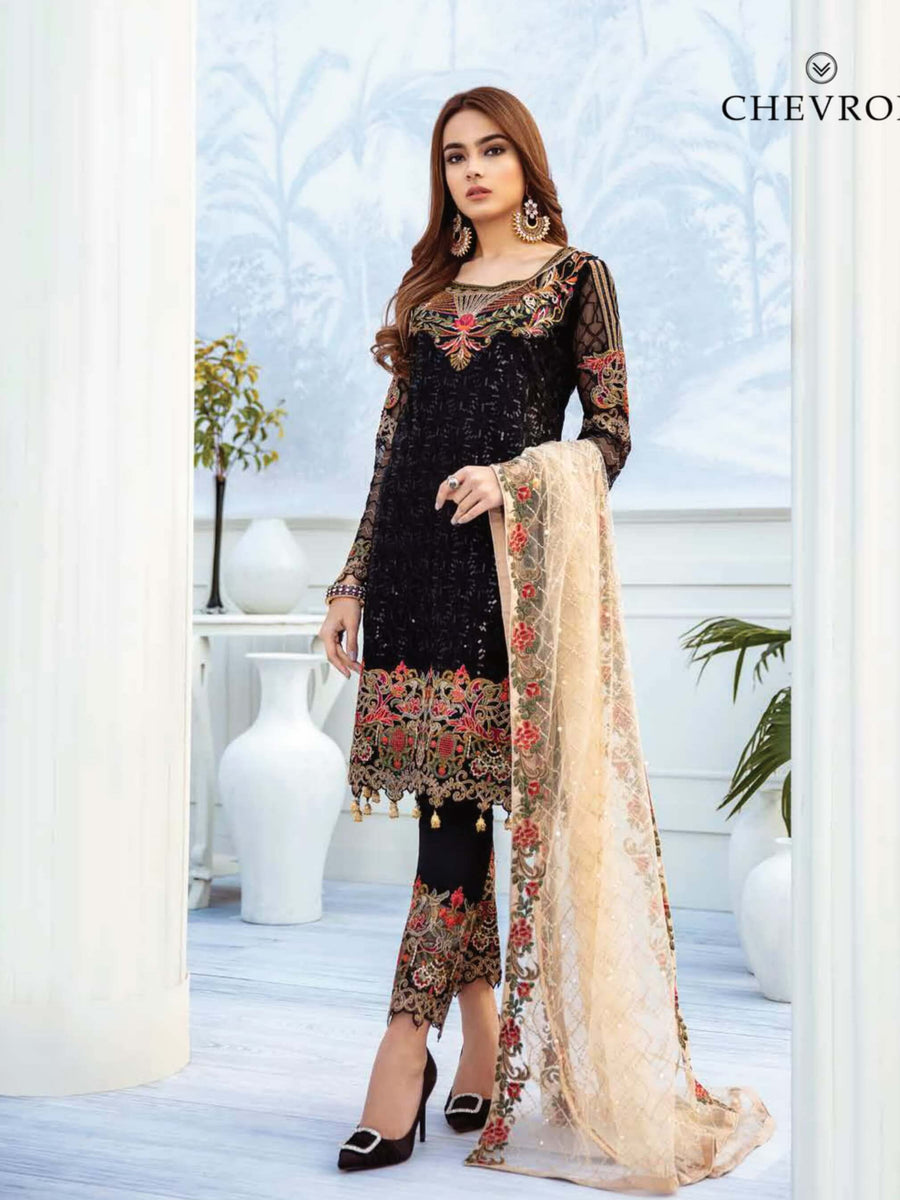 Ramsha Chevron Luxury Chiffon Vol-2 Embroidered 3Pc Suit A-208 - FaisalFabrics.pk