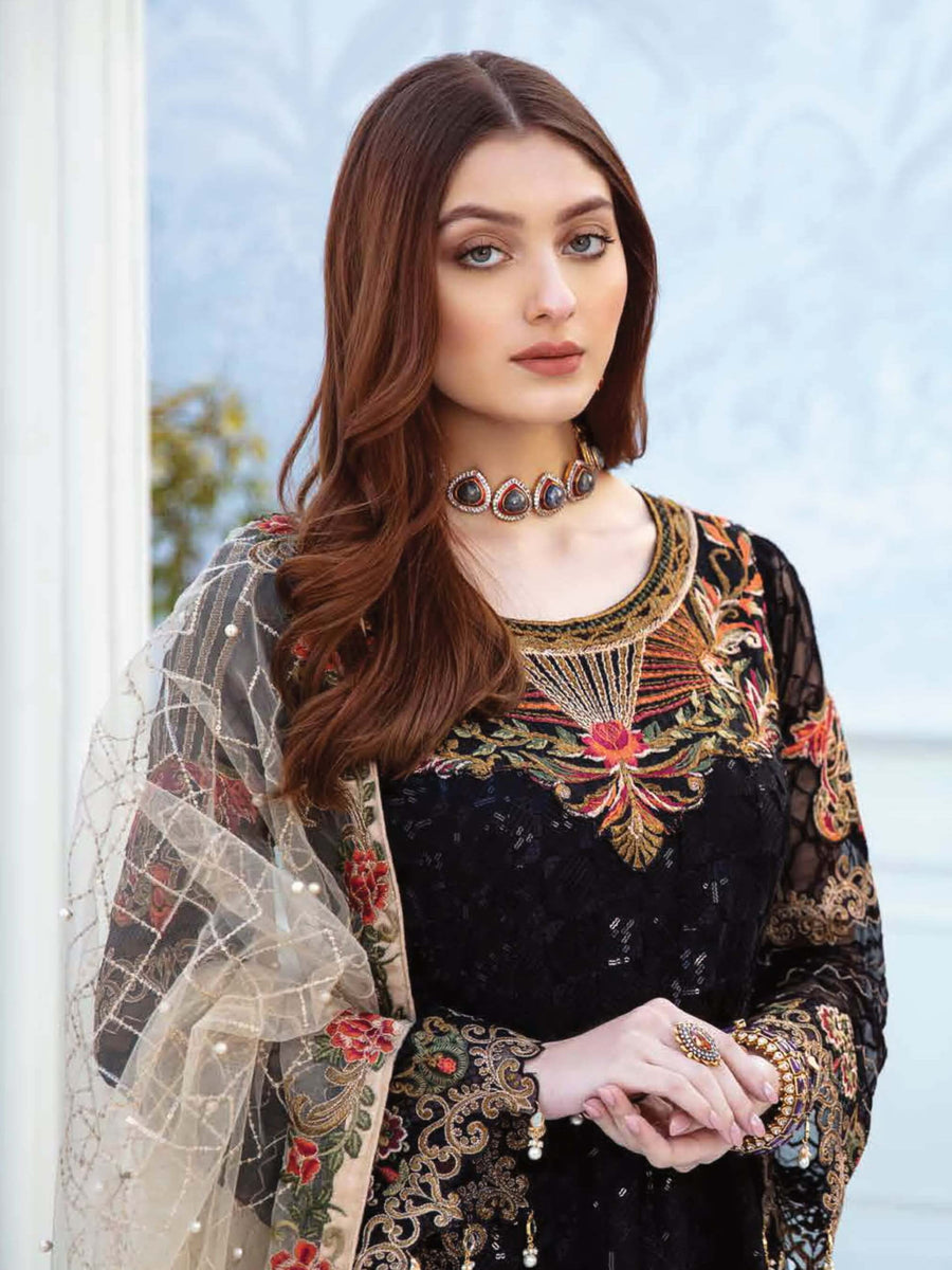 Ramsha Chevron Luxury Chiffon Vol-2 Embroidered 3Pc Suit A-208 - FaisalFabrics.pk