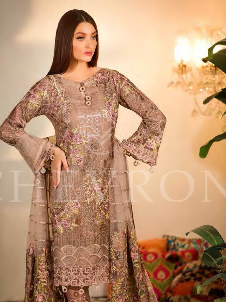 Ramsha Chevron Luxury Chiffon Vol-1 Embroidered 3Pc Suit A-102 - FaisalFabrics.pk