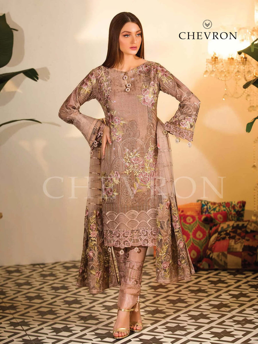 Ramsha Chevron Luxury Chiffon Vol-1 Embroidered 3Pc Suit A-102 - FaisalFabrics.pk