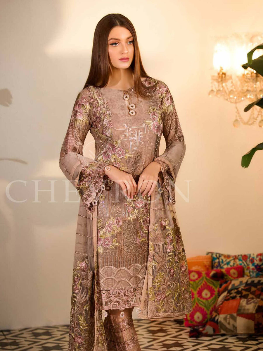 Ramsha Chevron Luxury Chiffon Vol-1 Embroidered 3Pc Suit A-102 - FaisalFabrics.pk
