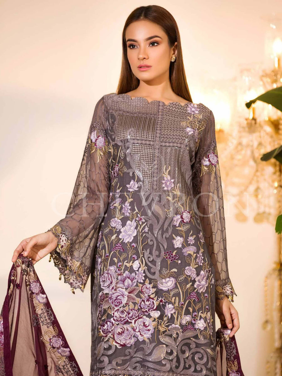 Ramsha Chevron Luxury Chiffon Vol-1 Embroidered 3Pc Suit A-103 - FaisalFabrics.pk