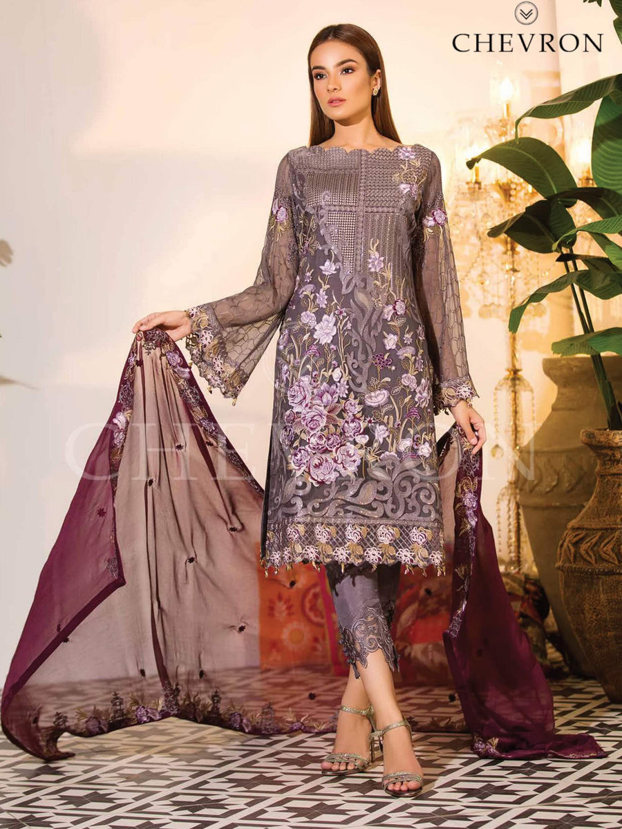 Ramsha Chevron Luxury Chiffon Vol-1 Embroidered 3Pc Suit A-103 - FaisalFabrics.pk
