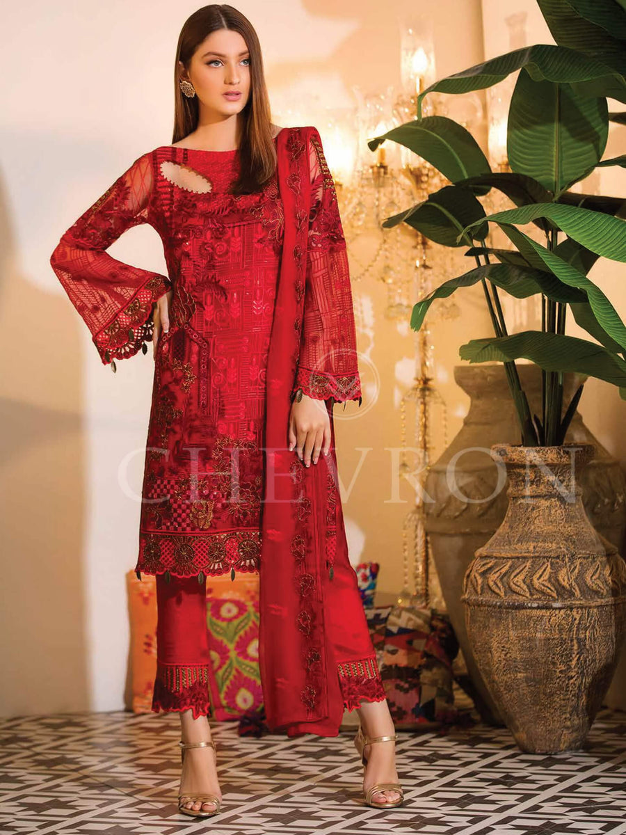 Ramsha Chevron Luxury Chiffon Vol-1 Embroidered 3Pc Suit A-105 - FaisalFabrics.pk