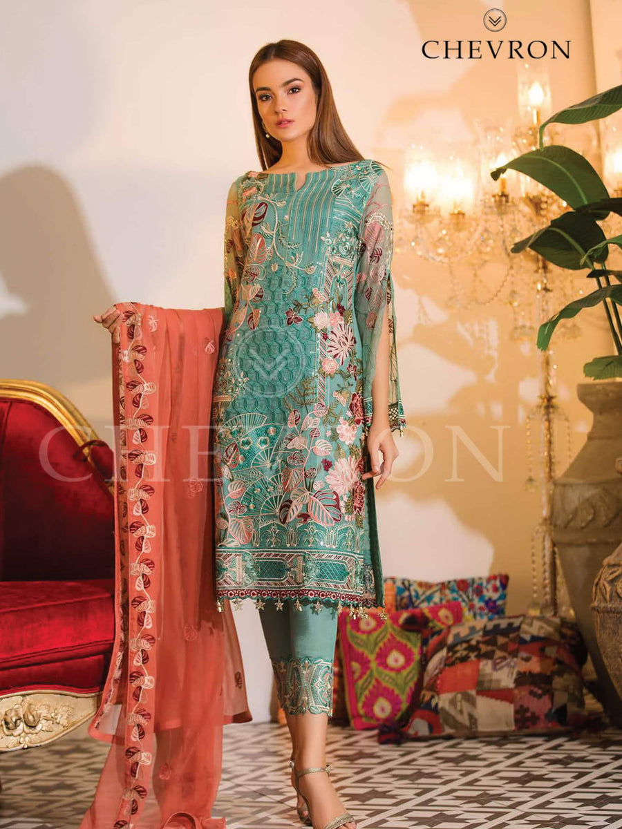 Ramsha Chevron Luxury Chiffon Vol-1 Embroidered 3Pc Suit A-107 - FaisalFabrics.pk