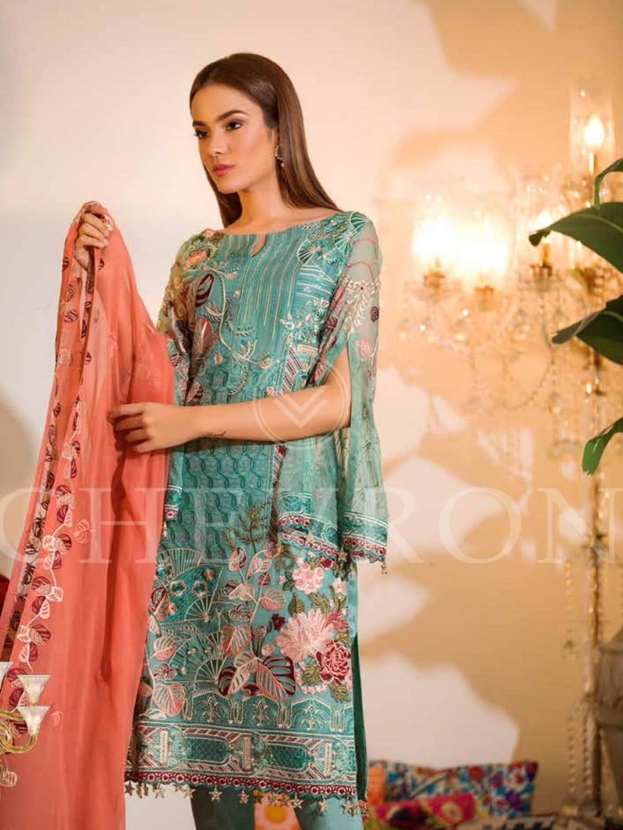 Ramsha Chevron Luxury Chiffon Vol-1 Embroidered 3Pc Suit A-107 - FaisalFabrics.pk