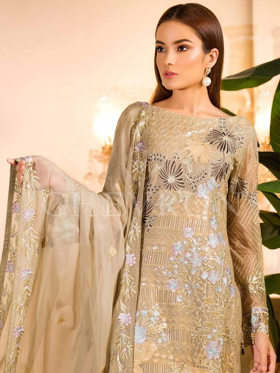 Ramsha Chevron Luxury Chiffon Vol-1 Embroidered 3Pc Suit A-109 - FaisalFabrics.pk
