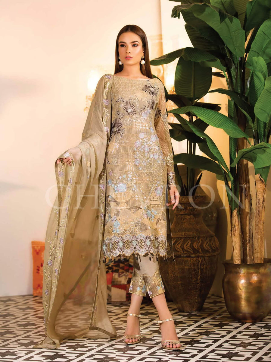 Ramsha Chevron Luxury Chiffon Vol-1 Embroidered 3Pc Suit A-109 - FaisalFabrics.pk