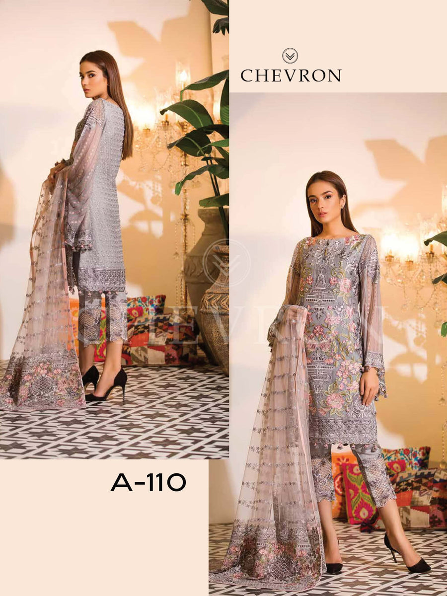 Ramsha Chevron Luxury Chiffon Vol-1 Embroidered 3Pc Suit A-110 - FaisalFabrics.pk