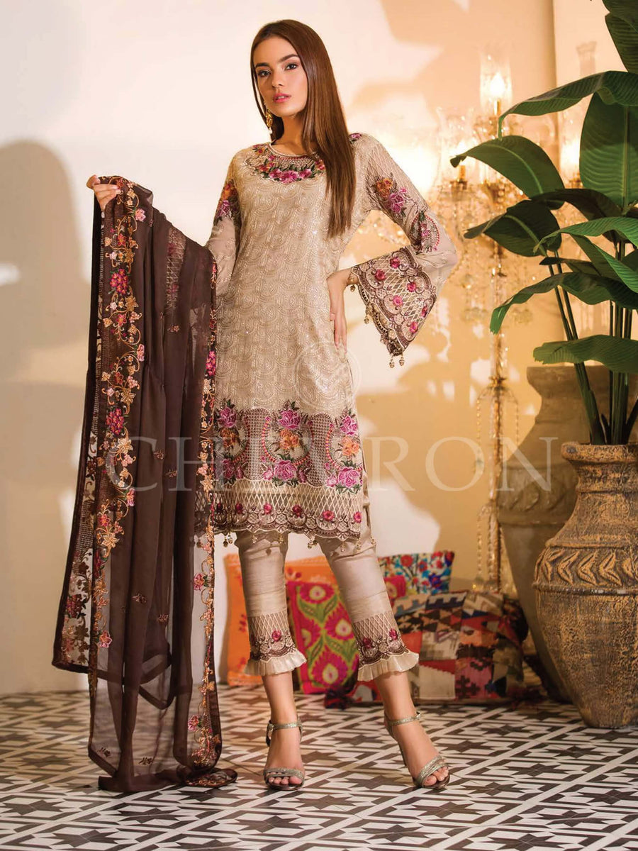 Ramsha Chevron Luxury Chiffon Vol-1 Embroidered 3Pc Suit A-111 - FaisalFabrics.pk