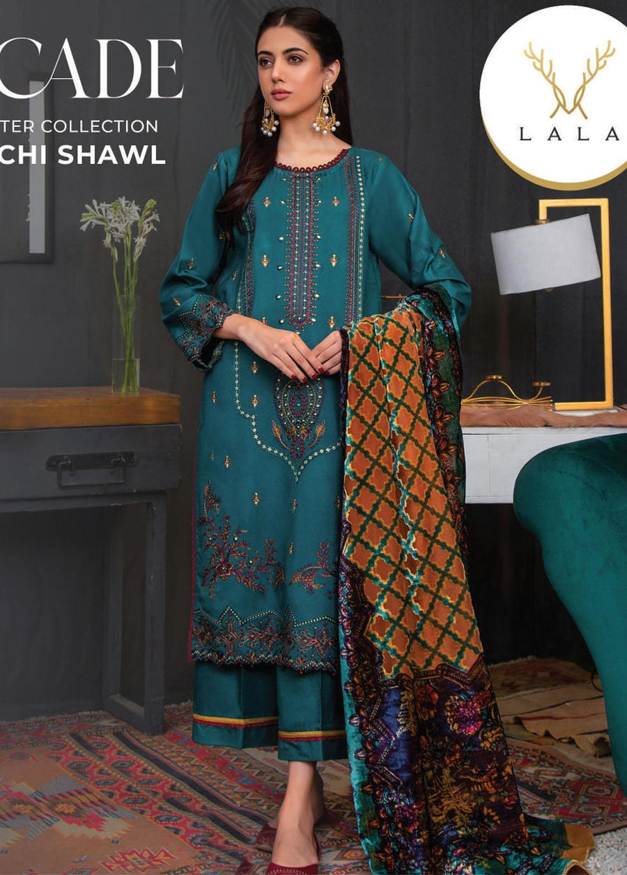 LALA Textiles Brocade Embroidered Woolen Unstitched 3Pc Suit D-01 Kate