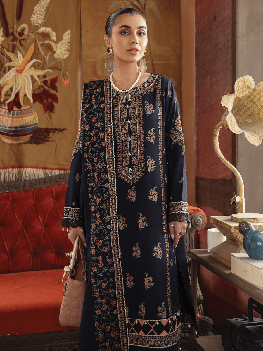 Rang Rasiya Premium Winter Unstitched Karandi 3Pc Suit D-02 BLUE BELL