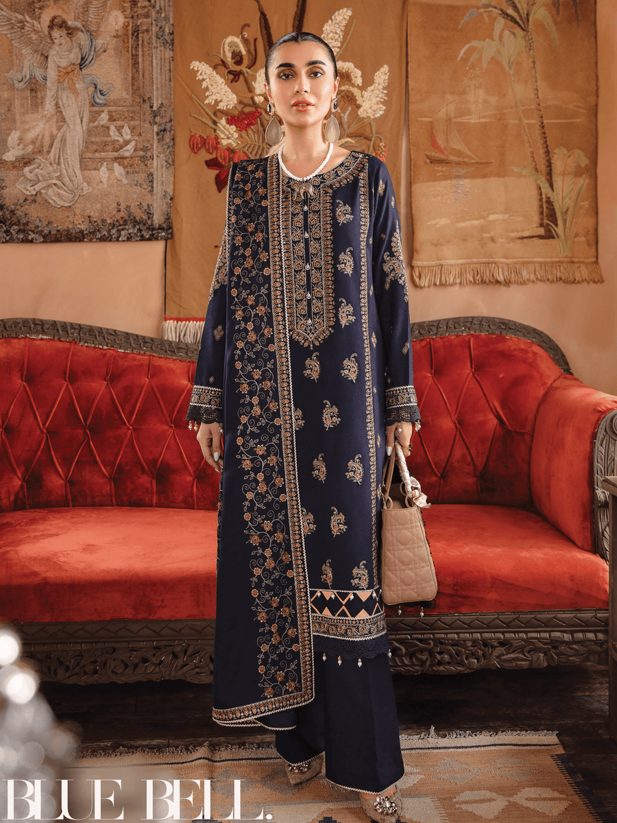 Rang Rasiya Premium Winter Unstitched Karandi 3Pc Suit D-02 BLUE BELL