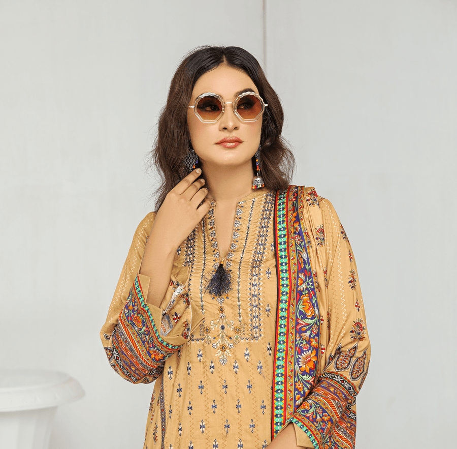 Florence Vol-10 Embroidered Staple Linen Unstitched 3Pc Suit D-02