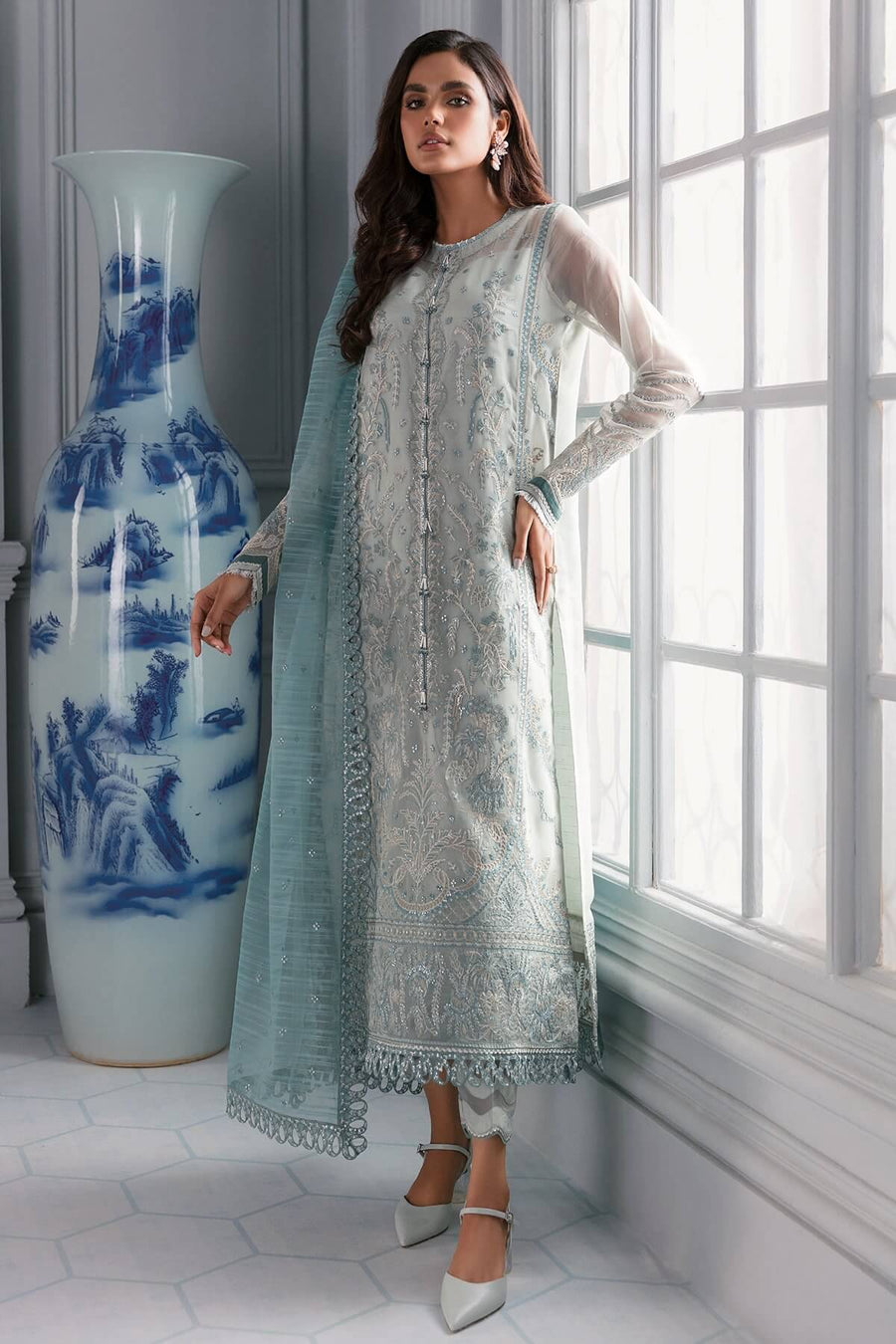 Jazmin Iris Luxury Formal Chiffon Unstitched 3PC Suit D-02 AZORA - FaisalFabrics.pk