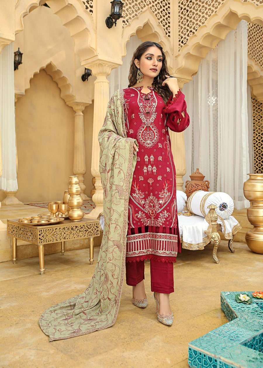 AKS by Humdum Unstitched Embroidered Woolen Peach 3Pc Suit D-02