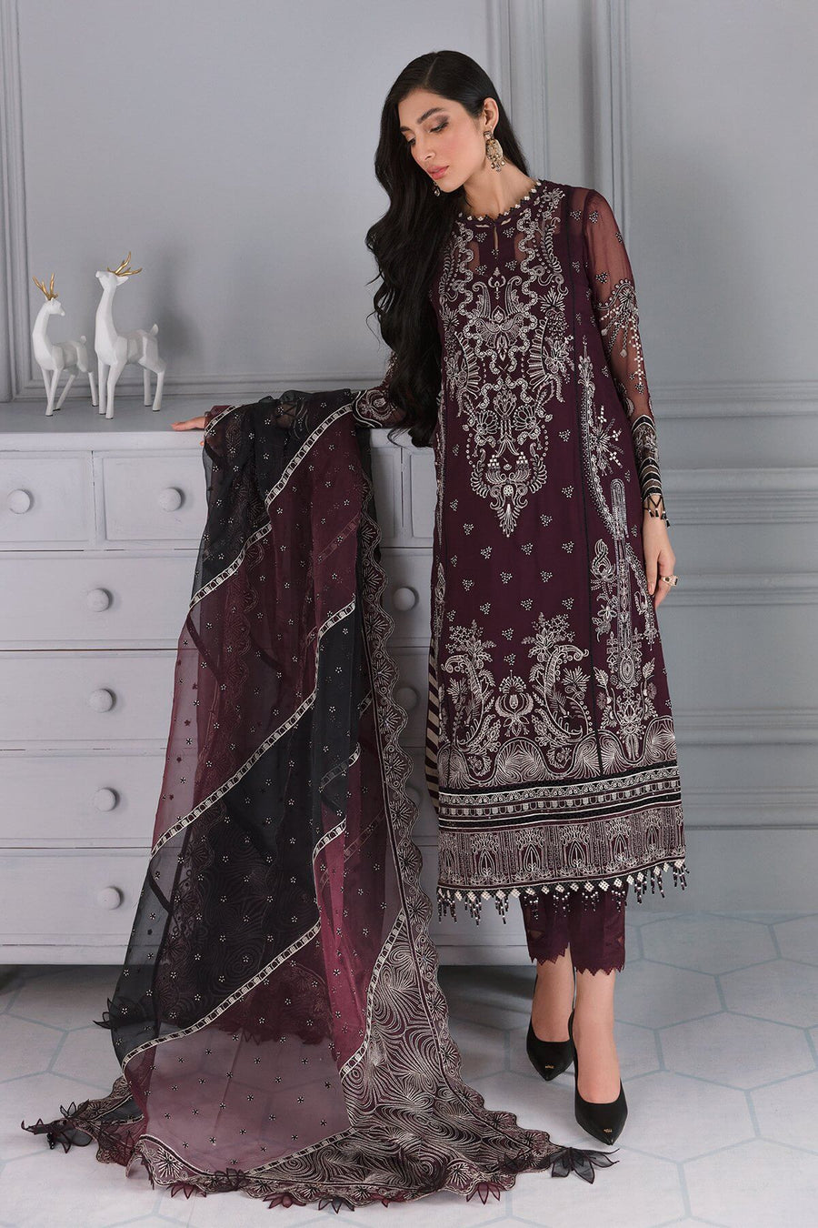 Jazmin Iris Luxury Formal Chiffon Unstitched 3PC Suit D-03 LIVIA - FaisalFabrics.pk