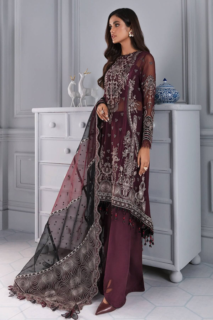 Jazmin Iris Luxury Formal Chiffon Unstitched 3PC Suit D-03 LIVIA - FaisalFabrics.pk