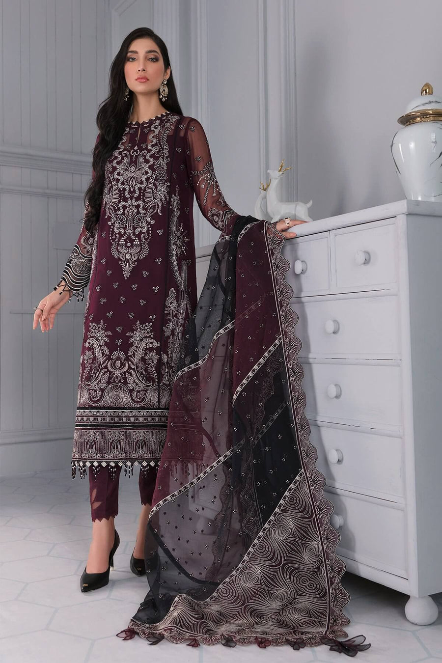 Jazmin Iris Luxury Formal Chiffon Unstitched 3PC Suit D-03 LIVIA - FaisalFabrics.pk