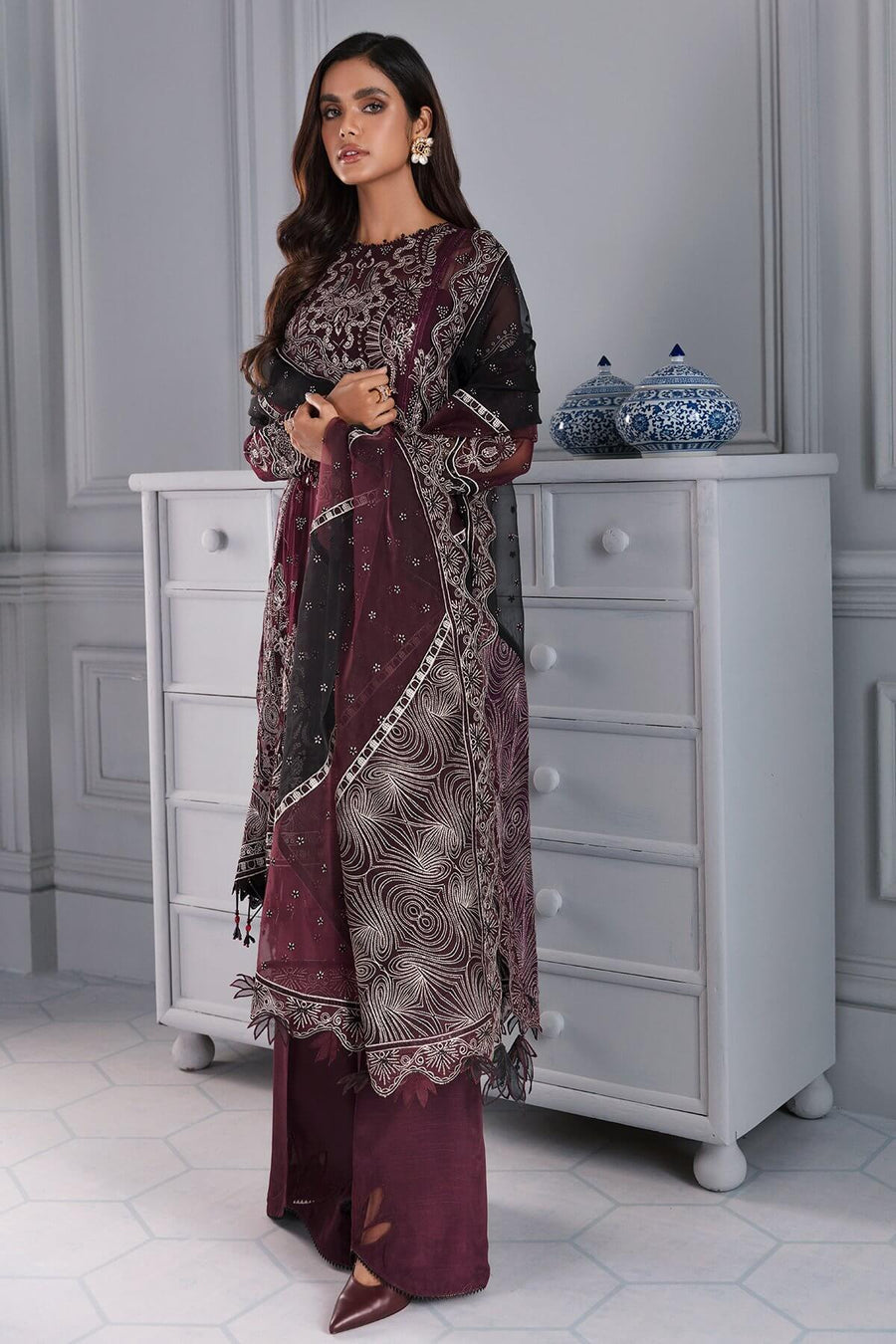 Jazmin Iris Luxury Formal Chiffon Unstitched 3PC Suit D-03 LIVIA - FaisalFabrics.pk