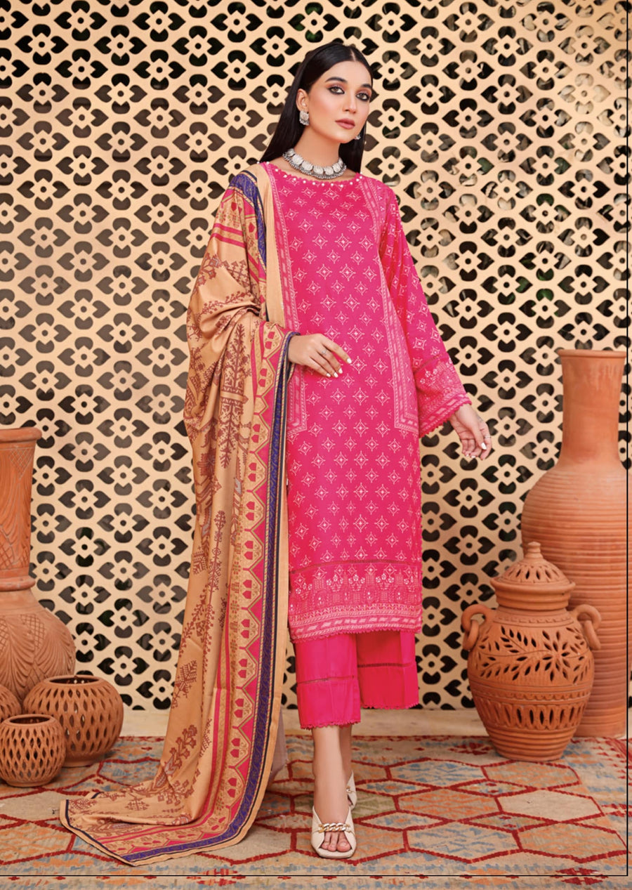 Al Kareem Shazmeen Prints Slub Linen Unstitched 3Pc Suit D-04