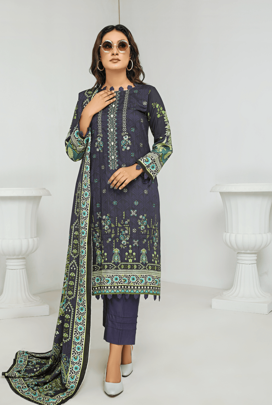 Florence Vol-10 Embroidered Staple Linen Unstitched 3Pc Suit D-04