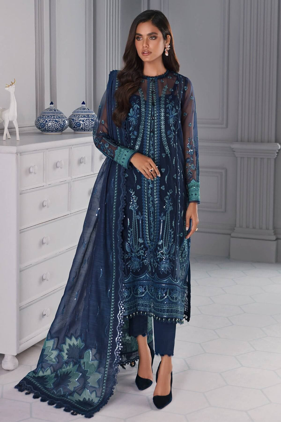 Jazmin Iris Luxury Formal Organza Unstitched 3PC Suit D-05 SEASHELL - FaisalFabrics.pk