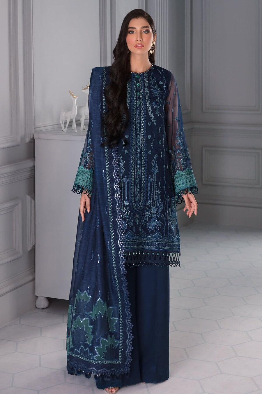 Jazmin Iris Luxury Formal Organza Unstitched 3PC Suit D-05 SEASHELL - FaisalFabrics.pk