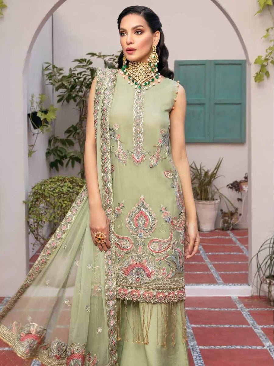 Azal Jaan-e-Adaa Luxury Chiffon Hand Embellished 3pc Suit D-07 Peridot - FaisalFabrics.pk