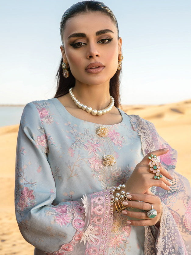 Rang Rasiya Premium Lawn Embroidered Unstitched 3Pc Suit D-07 Ocean