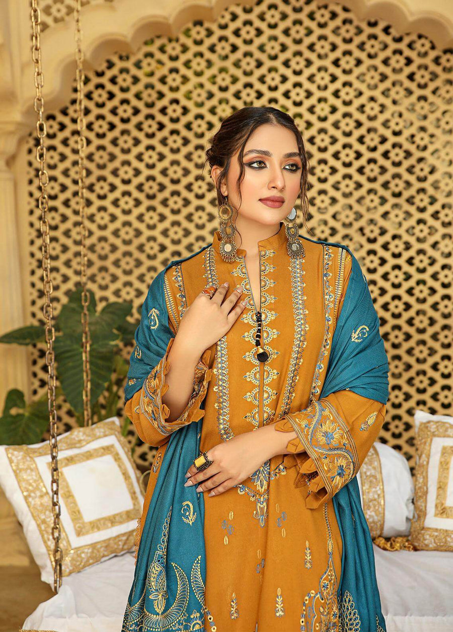 AKS by Humdum Unstitched Embroidered Woolen Peach 3Pc Suit D-07