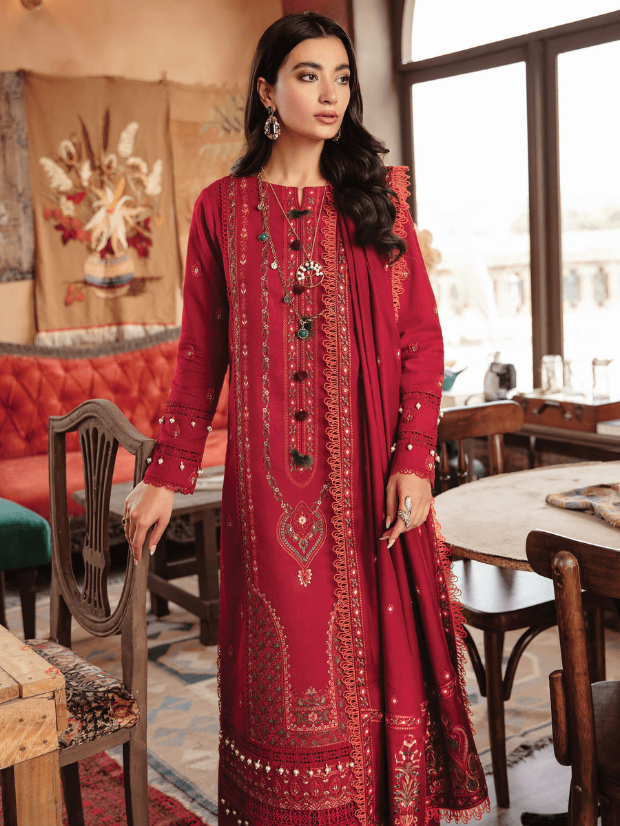 Rang Rasiya Premium Winter Unstitched Khaddar 3Pc Suit D-07 CRIMSON ROSE