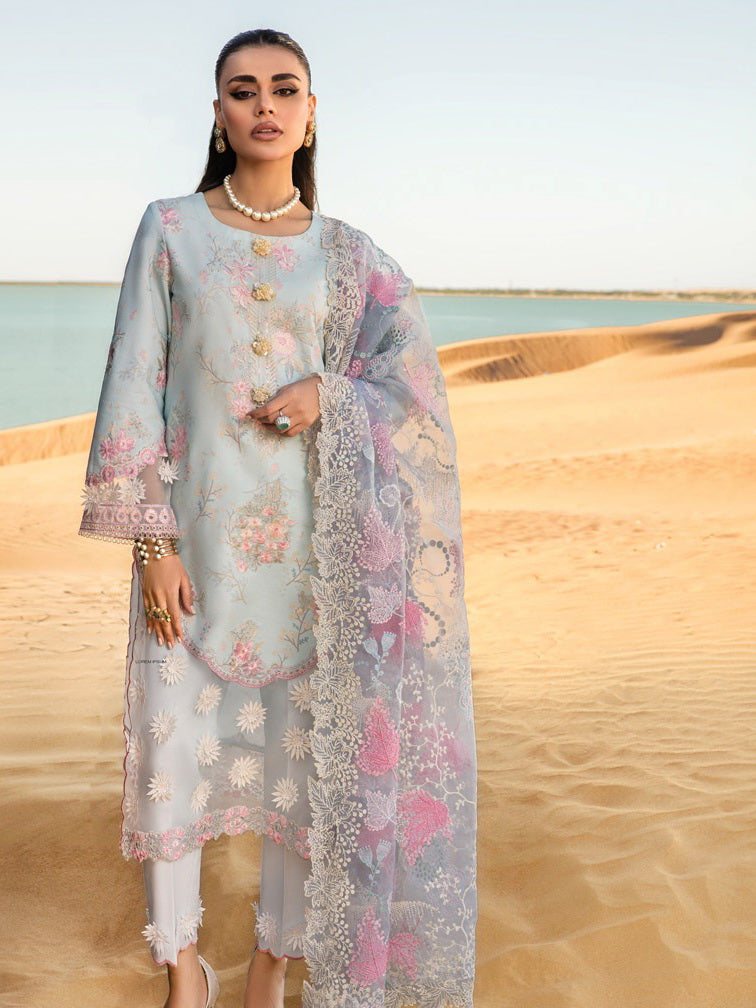 Rang Rasiya Premium Lawn Embroidered Unstitched 3Pc Suit D-07 Ocean