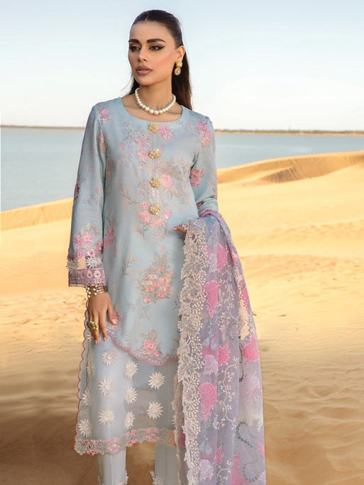 Rang Rasiya Premium Lawn Embroidered Unstitched 3Pc Suit D-07 Ocean