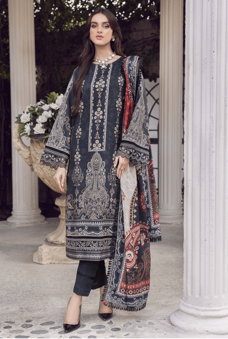 SERAN Blossoms Unstitched Embroidered Viscose 3Pc Suit D-07 Dahlia