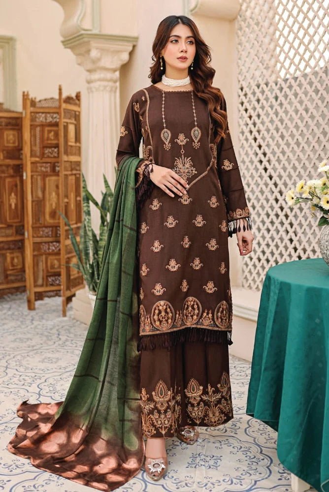 Puri Fabrics Fabura Leather Peach Unstitched Embroidered 3Pc Suit D-07