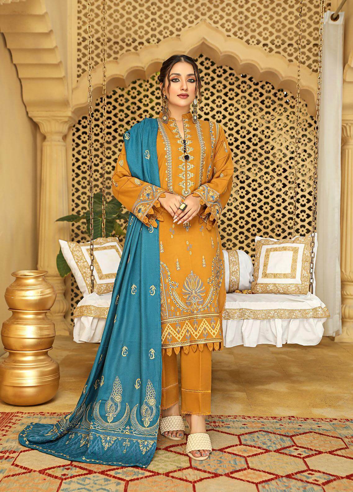 AKS by Humdum Unstitched Embroidered Woolen Peach 3Pc Suit D-07
