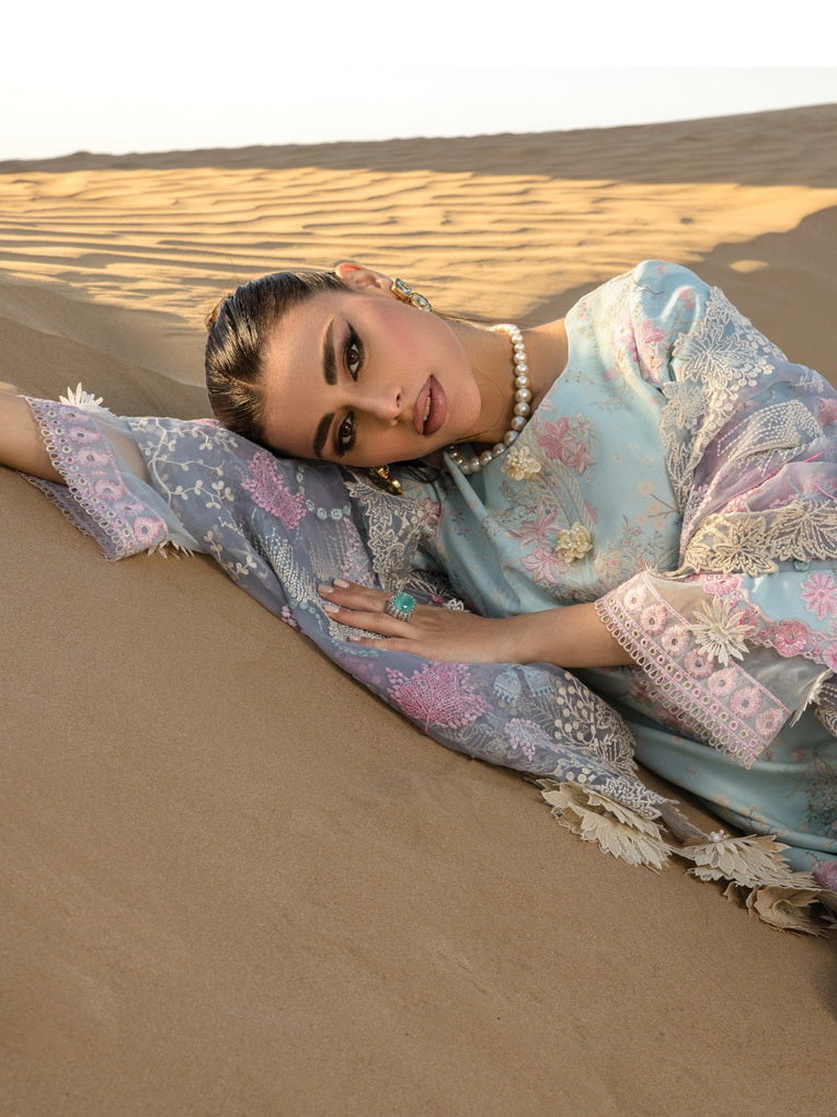 Rang Rasiya Premium Lawn Embroidered Unstitched 3Pc Suit D-07 Ocean
